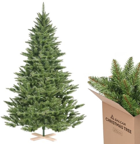 SALCAR Sapin de Noël Artificiel de 2,1 m avec 760 Pointes et système de Parasol Pliant - Vert - avec Support en Bois - Diamètre : 132 cm