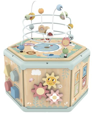 Tooky Toy Cubo attività Bambini 7 in 1 in Legno FSC con Labirinto di Perline e Abaco, Gioco Montessori Educativo, Stimola Motricità Fine e Sviluppo Cognitivo e Sensoriale, da 2 Anni