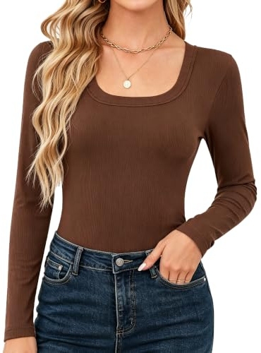 Kapoohott Langarmshirt Damen Oberteile Longsleeve Damen Eng U-Ausschnitt | Shirt Langarm Damen Langarmshirt Slim Fit Essential Shirt Elegant Y2K Gerippt Stretch Strick Tshirt Sexy Casual Basic Top