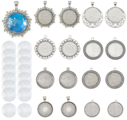 DICOSMETIC Legierung Anhänger Tablett Flach Runde Lünette Set Inklusive 16 Stück Antik Silber Oval Anhänger Leere Lünette Und 16 Stück Glas Cabochons Für Hochzeit Abschluss