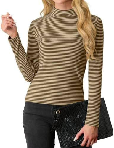 PrinStory Damsweatshirts långa ärmar tröjor dam stretch polokrage t-shirt smal passform toppar höst vinter ledig tunika toppar, XL