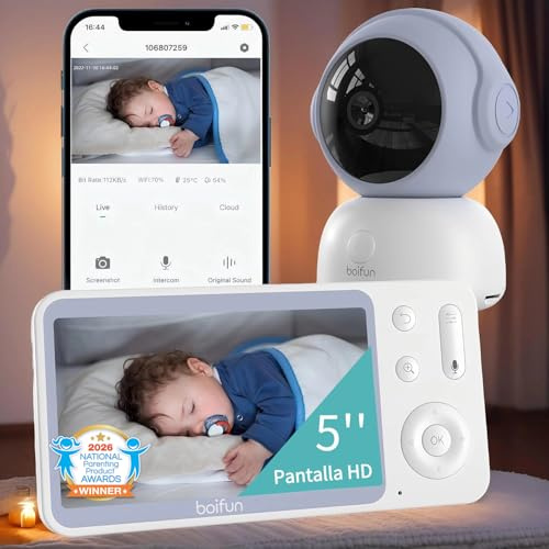 BOIFUN 2026 Cámara Vigilancia Bebé 2K (3MP) con WiFi y App Móvil, Vigilabebés con Pantalla de 5, Visión Nocturna sin Luz, Cámara 360°, Detección de Movimiento y Llanto, Audio Bidireccional, Zoom 4X