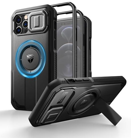 Dexnor Kompatibel mit iPhone 12/12 Pro Hülle mit Kameraabdeckung Schieben & Einstellbarer Kickstand & Integrierter Displayschutz, Robuste stoßfeste Bumper Heavy Duty Mangetic Schutzhülle - Schwarz