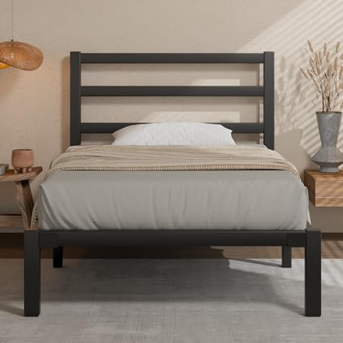 E-Motie Bett 90×200CM, Metall-Plattformbettgestell mit Kopfteil, Stauraum unter dem Bett, Modernes Jugendbett mit Lattenrost, Einfache Montage, Schwarz