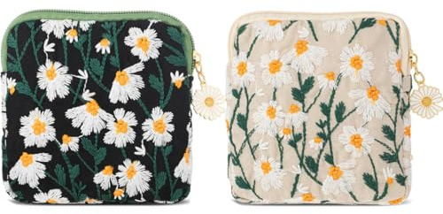 WeddHuis 2 Stück Damenbinden Aufbewahrungstasche, Stickerei Menstruationstassen Beutel, Baumwolle weiche Periodentasche, tragbare Tamponhalter Pad Tasche, Perioden Set Tasche