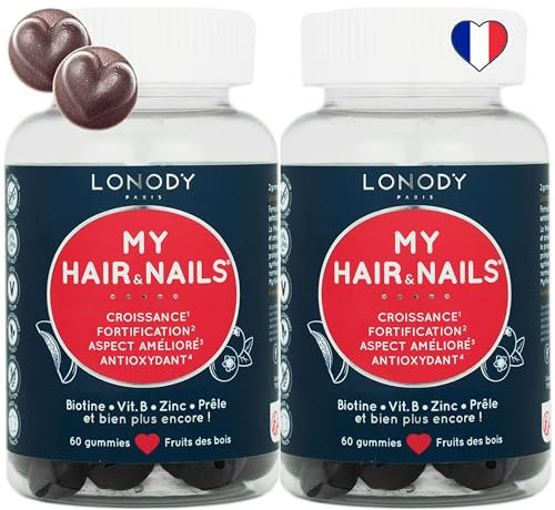 Lonody - Pack 2 mois Complement Alimentaire Cheveux, Gummies Pousse Cheveux Très Rapide, Croissance Fortifiant Ongles - Biotine Gummies Sans Sucre France My Hair & Nails - Vitamine B8 B6 Zinc Selenium