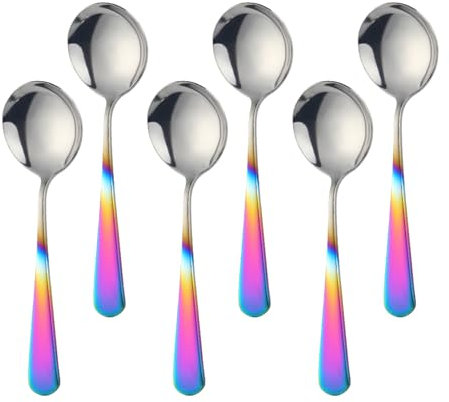 Soup Spoons Set Stainless Steel, Buyer Star Tablespoon 6 Pieces Round Dessert Spoon Cutlery, 6.3 Inch Stainless Steel Spoon For Muesli Porridge Fruit Yogurt, Dishwasher Safe (6, Gradient Rainbow)