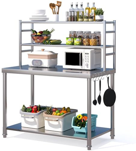 UNIONLINE Stainless Steel Table with 2 Layer Top Shelf,Commercial Catering Tables Undershelf, Food Prep Workbench for Outdoor Kitchen Pizza Oven 122x61x138 cm
