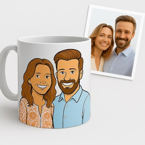 NDVStore – Taza personalizada con tu caricatura a partir de tu foto | Taza de cerámica blanca 330 ml | Regalo original y divertido para parejas, amigos o fechas especiales