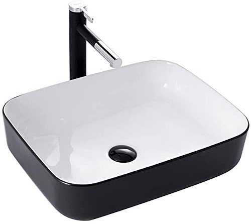 JYBNBBE Plan de Travail Ovale en céramique Moderne, Vasque à Poser pour Salle de Bain, Vasque à Poser en céramique, pour rénovation de Salle de Bain, 50 x 40 x 13,5 cm, Noir et Blanc