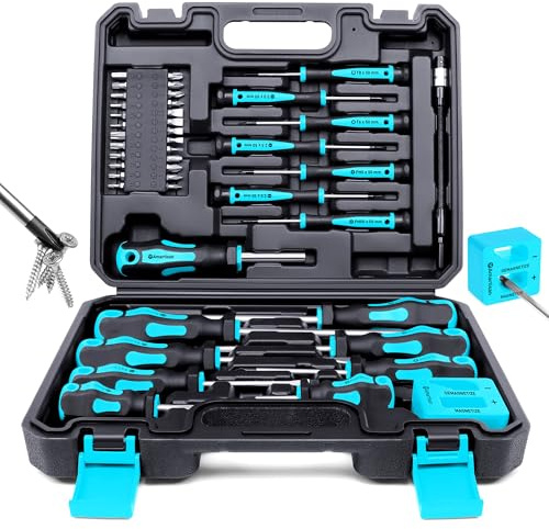 Magnetic Screwdrivers Set with Case, Amartisan 43-Piece Includs Slotted, Phillips, Hex, Pozidriv,Torx and Precision Screwdriver Set, Magnetizer Demagnetizer Tools, Tools for Men (Blue)
