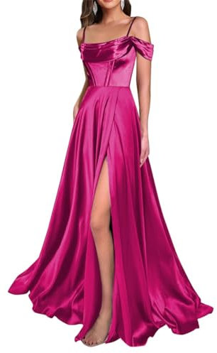 Vestidos de dama de honor de satén para mujer para boda con abertura, vestidos largos de cóctel, talla grande, fucsia, 44