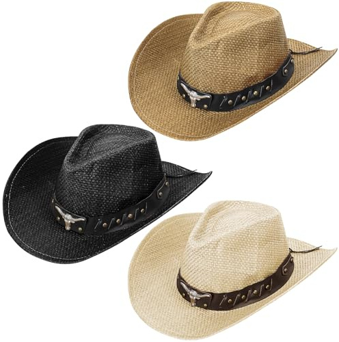 3 Pcs Western Outback Cowboy Cowgirl Hat with Wide Brim Adjustable Straw Hats for Women and Men for Beach Outdoor (UK, Alpha, One Size, Classic)