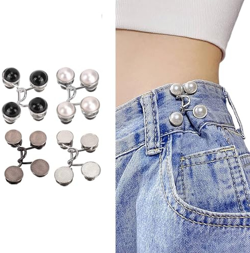 8 Sets Verstellbare Nagelfreie Taillenschnallen Hose Enger Machen Clip, Nähfreiknopf Button Pins Abnehmbarer Jeansknopf Hosen Clips für Hosen Jeans (4 weiße + 4 schwarze + 4 Rotguss + 4 silberne)