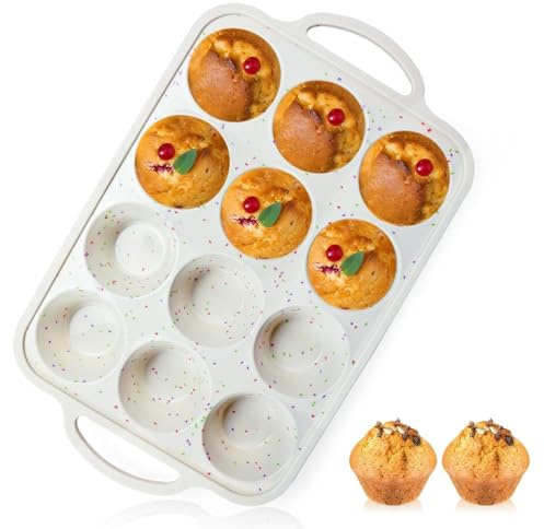 AJMDGW Lot de 2 moules à muffins en silicone avec cadre renforcé en métal pour 12 cupcakes, taille standard, plateau sans BPA, passe au four et au lave-vaisselle (crème, 1)
