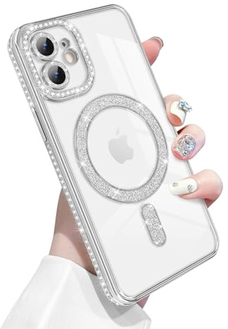 Newseego für iPhone 12 Hülle Kompatibel mit MagSafe, Silber | Glitzer, Magnetische, Bling Diamanten, Weiche TPU, Transparente Handyhülle, Stoßfest Schutzhülle, Vollständig Kameraschutz