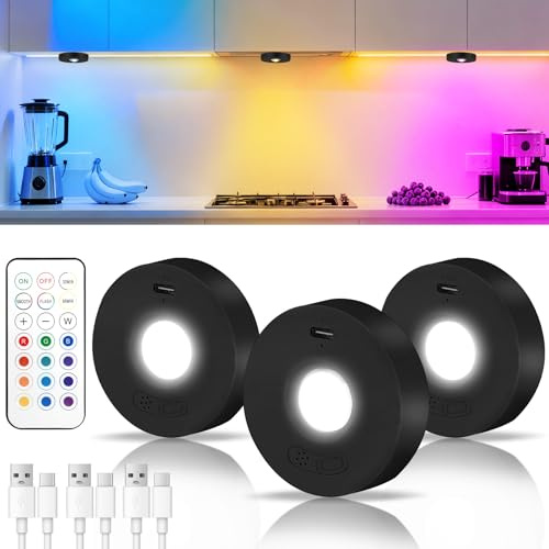 HOTUT Under Cabinet Kitchen Lights Rechargeable,RGB Rechargeable Puck Lights with Remote,Timer Function,Stick On Wireless Under Cabinet Kitchen Light,for Cupboards,Counter,Cabinets and Closet
