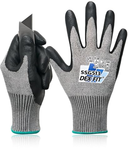 DEX FIT SSG513 Gants anti‑coupure, ANSI A5, EN388 4X42E, Paume nitrile moussant à base d’eau, Écran tactile, 13 jauges, Antidérapant, Lavable; Gris L (9) 1 Paire