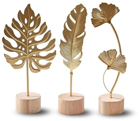 Goldene Deko Blätter Set 3er – Ginkgo Blatt Gold, Monstera & Feder Metall Skulpturen mit Holzsockel, Moderne Deko Wohnzimmer & Schlafzimmer, Kreative Hausdekoration, Dekor für Tisch & TV-Schrank