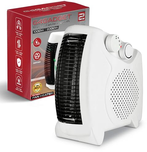 G4GADGET Portable Electric Fan Heater – 2000W Space Heater with 2 Heat Settings & Cool Function, Adjustable Thermostat, Overheat Protection, Low Energy Silent Room Heater for Home & Office (1, Flat)