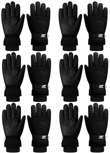 Bencailor 6 Pairs Mens Winter Snow Gloves Women Warm Waterproof Ski Mittens Adjustable for Adult Cold Weather(Black,S)