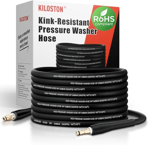 KiloSton 15M Kink-Resistant Pressure Washer Hose – 248Bar / 3600 PSI, Super Flexible Replacement Hose for Karcher K2 K3 K4 K5 K6 K7 Series, All-Weather Use, Black