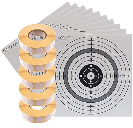shoot-club Schusspflaster weiß 19 mm selbstklebend - 10000 Stück auf 5 Rollen - inklusive 10 ShoXx. Zielscheiben 14 x 14 cm