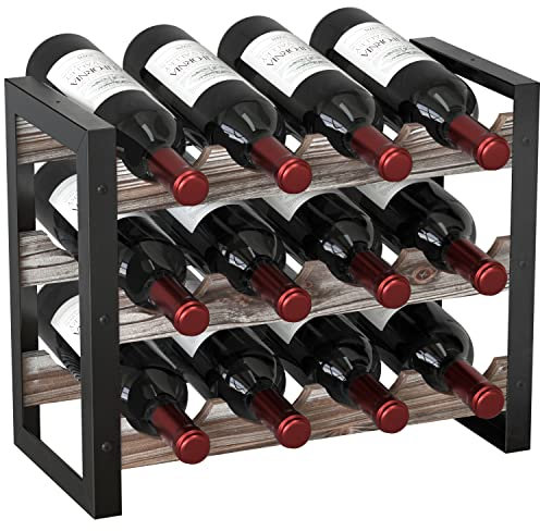 J JACKCUBE DESIGN Rustic Wine Rack Freestanding Floor 3 Tier Stackable Display Storage for Counter-top 12 Glass Bottles Holder Liquor Shelf with Black Metal Frame - MK521A (Rustic Wood)