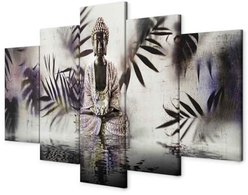B&D XXL - Wandbilder XXL Buddha 225x112cm 5 tlg - Wand Deko Leinwand Bilder Groß Wanddeko Wohnzimmer Schlafzimmer Kunstdrucke - Feng Shui Zen Blätter p-A-0040-b-o