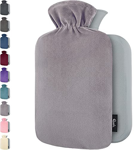 Qomfor Hot Water Bottle with Cover UK - 1.8L Large Soft Water Bottle with Fleece Cover - Fluffy for Period Pain Relief, Back Pain, Adults & Kids - Great Gift for Women (Grey)
