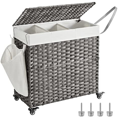 SONGMICS Wäschekorb mit Deckel, 140 L, Wäschesammler 3 Fächer, Wäschesortierer mit Rollen, in Rattan-Optik, Wäschesack herausnehmbar, für Waschküche, 66 x 33 x 66 cm, grau LCB363G01