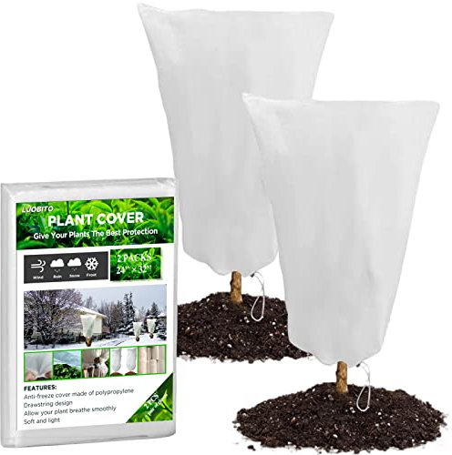 LUOBITO Frost Protection Plant Covers 2 Packs 60x80cm Garden Fleece Plant Protection Bag with Drawstring 60gsm Winter Horticultural Fleece for Fruit Tree Potted Shrub Plants Protectors Guards