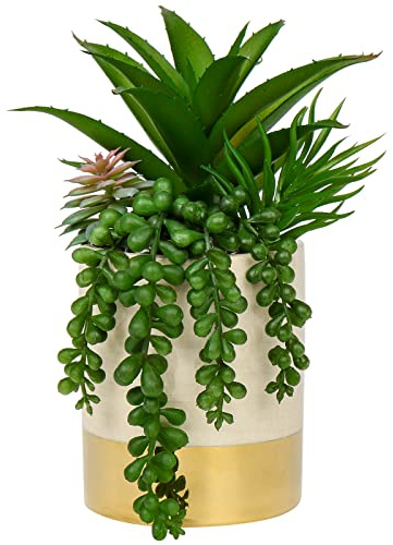 Oairse Artificial Succulent Plants in Ceramic Pot 21cm, Faux Potted Plants Indoor with Hanging String of Pearls, Small Fake Plants for Home Office Desk Shelf Bathroom Kitchen Decor
