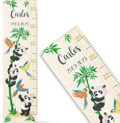GRAVURZEILE Messlatte für Kinder aus Holz - Panda Design - mit Namen für Kinderzimmer - Skala misst 80-140 cm - Größe 20 x 70 x 2 cm - Geschenk zur Geburt für Mädchen & Jungen