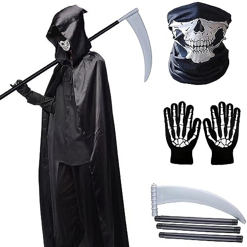 YIMOJOY Disfraces de Halloween Hombre con Guadaña Máscara de Calavera Guantes Set,Disfraz de la Parca 120/150/170/190CM Unisex Adultos Negro Capa con Capucha de la Parca para Cosplay Carnival(XL)