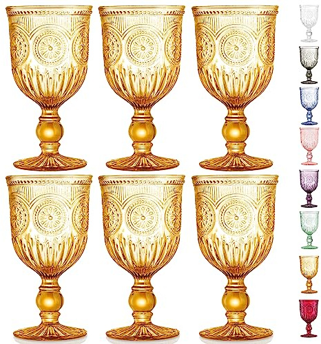 Yungala Amber Wine Glasses Set of 6 Vintage Hobnail Goblets 10 oz