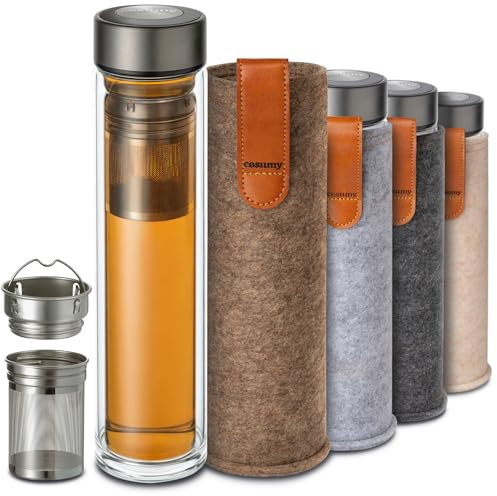 Cosumy Bottiglia da Tè con Infusore 500 ml - Vetro a Doppia Parete con Copertura di Feltro - Resistente al Calore - A Prova di Perdite - Lavabile in Lavastoviglie (Marrone Sabia)