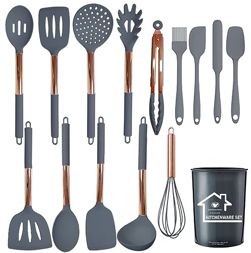 UXIYI Juego de utensilios de cocina, utensilios de cocina de silicona, juego de espátula de silicona con mango de acero inoxidable de oro rosa,Gray + rose gold,15PCS