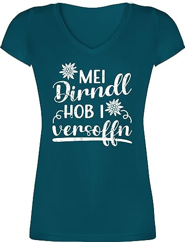 T-Shirt Damen V Ausschnitt - Kompatibel mit Oktoberfest - MEI Dirndl Hob i versoffn - Dirndl Ersatz Tracht - XL - Türkis - trachtenshirt bayrische Tshirt Trachten-Tshirt bayrisch Shirt