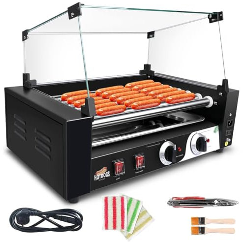 Commercial Hot Dog Roller Machine, 0-250℃ Dual Temp Control, 1000W Sausage Grill Cooker Machine with Removable Drip Tray & Cover, 5/7/9 Non-Stick Roller Sausage Roasting Hot Dog Warmer 9Roll