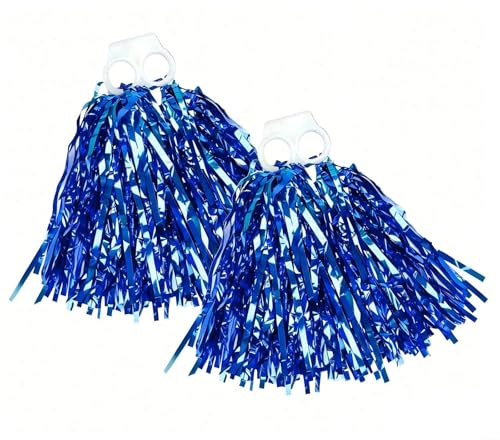 Cheerleader-Pompons, metallisch, flauschig, ultra-glänzende Metallfolie, Cheerleader-Pompons, Handheld-Cheerleader-Pompons mit Kunststoff-Fingerring für Teamgeist, Sport, Party, Tanz, Cheering, Blau,