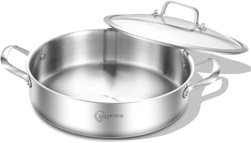 LOLYKITCH 2.5 L Tri-Ply Stainless Steel Sauté Pan with Lid,26 CM Induction Cooking Pot,Even Heating and Oven Safe