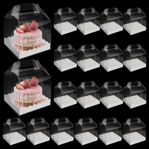 LDXDRU 20 Pack 4 Inch Clear Cake Boxes, 14 x 14 x 12cm Party Cake Boxes with Handle & Base, Square Plastic Cake Box Clear Gift Box Cake Holder for Dessert Wedding Birthday Party