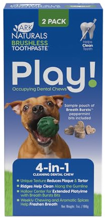 Ark Naturals Brushless Toothpaste Play, 4-in-1 Cleaning Dental Chew Play Ball, 2 Pack