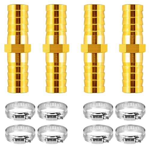 4 Stück 10 mm Messing Schlauchverbinder mit 8 Edelstahl Rohrschellen,Messing Schlauchtülle Set,Schlauchanschluss Adapter für Luftleitung Wasserleitung Kraftstoffleitung Olleitung