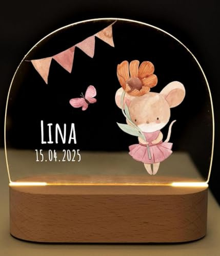 Bärenfreunde® - Personalisiertes Nachtlicht für Babys - Individuelle Nachttischlampe für Kinder - Personalisierte Geschenke Kinder - Babygeschenk - Geschenk zur Geburt (Maus mit Blume)
