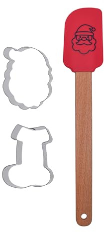 Zenker Christmas Baking Set, Silicone Spatula & 2 Cookie Cutters, Santa & Stocking, Non-Stick Non-Scratch with Father Christmas Motif, Stainless Steel Cutters, Red Kitchen Tool & Silver Cutters