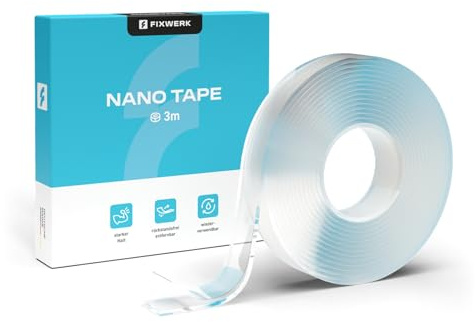 FIXWERK Nano Tape | dubbelsidig nanotejp | extra stark | 3 meter rulle | avtagbar tejp | tvättbar och återanvändbar | transparent (2 mm x 1,5 cm x 3 m)