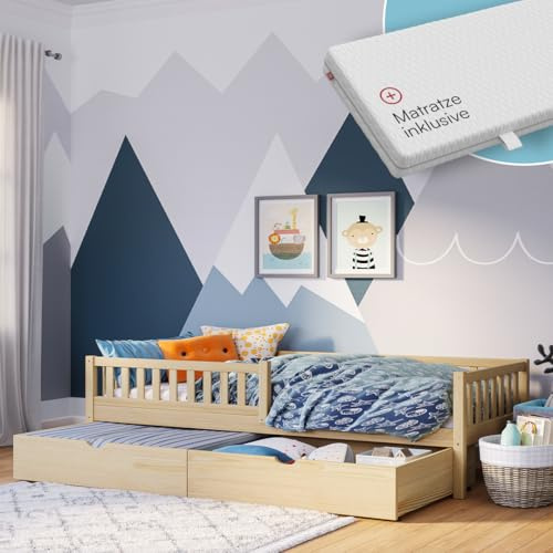 Bellabino Vils Kinderbett 90x200cm, Matratze & Schublade, Massivholz Kiefer | Natur, Kinderbett mit Rausfallschutz & Lattenrost, Montessori-Bett, massives Kieferholz, Bett Jungen & Mädchen, Bettrahmen