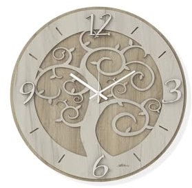 Generico Orologio da parete d.50 cm moderno in legno rovere scuro con decoro taglio laser albero della vita AB005